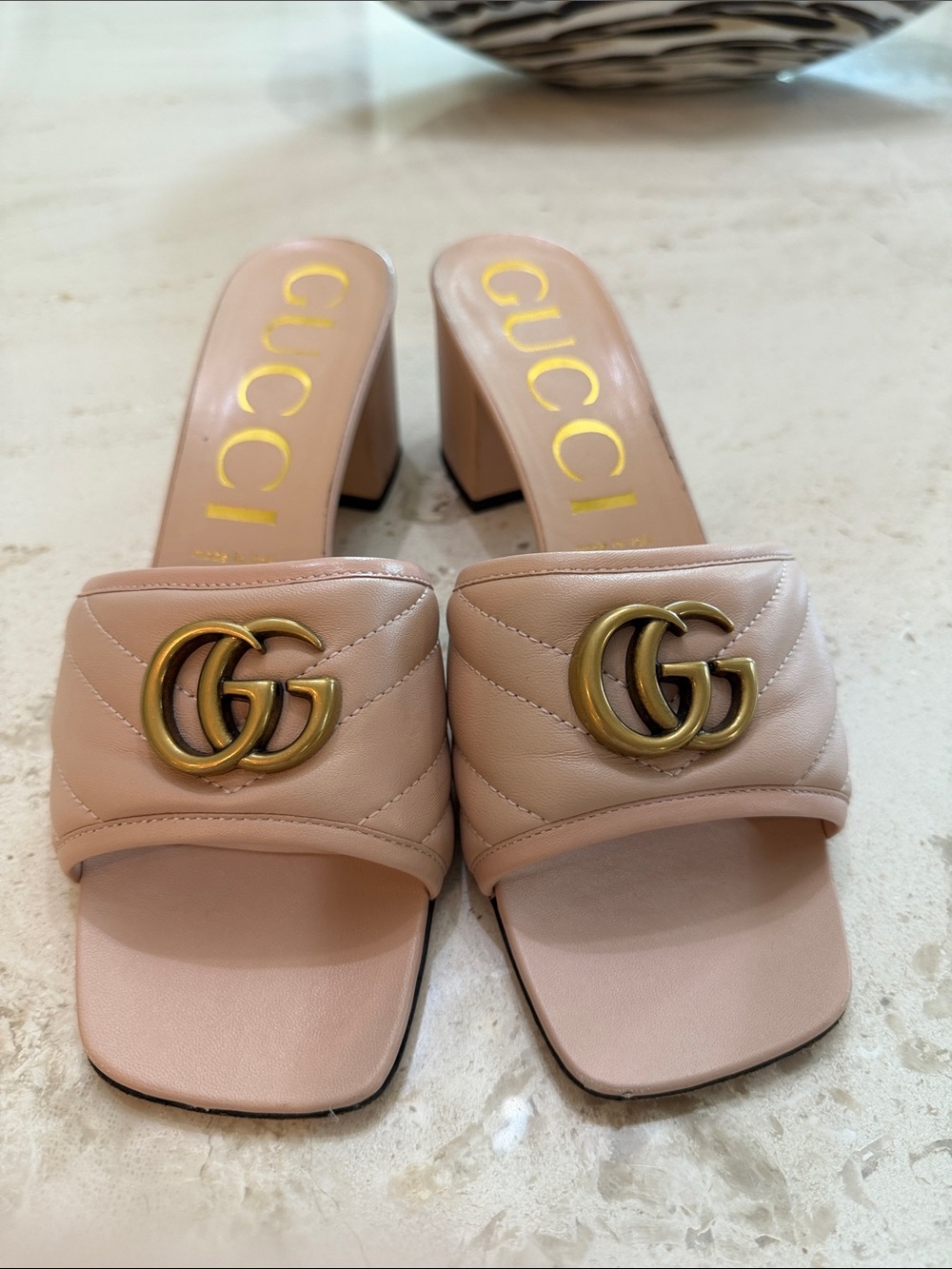Gucci Blush Quilted Leather GG Marmont Slide Sandals